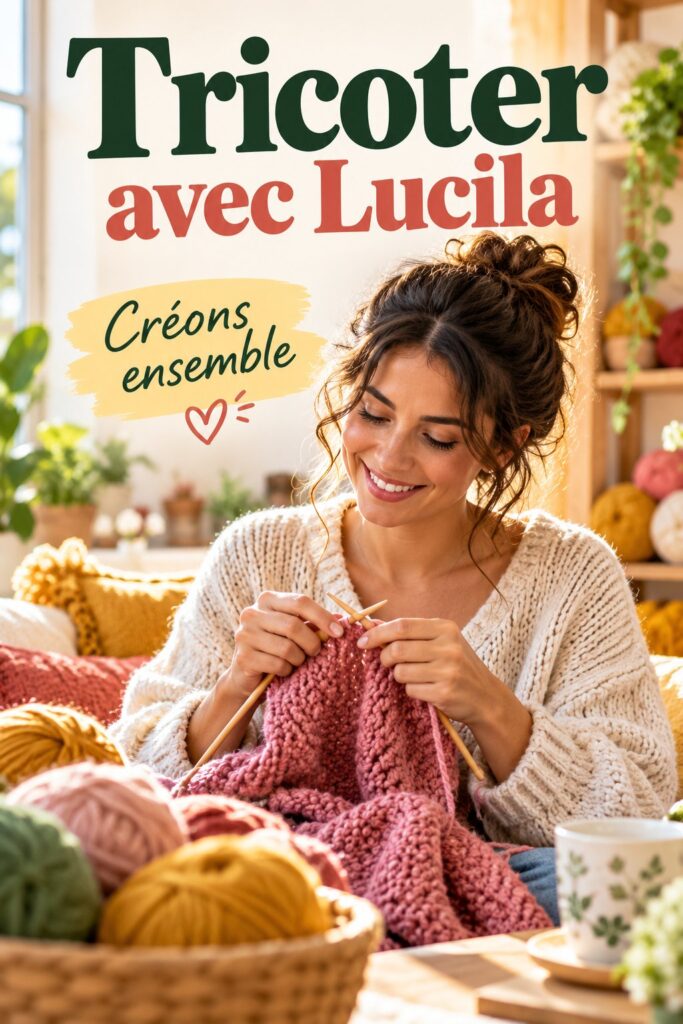 Image colorée de Lucila montrant des créations en tricot.