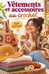 Image d'une collection de vêtements et accessoires au crochet, mettant en avant des créations colorées et uniques.