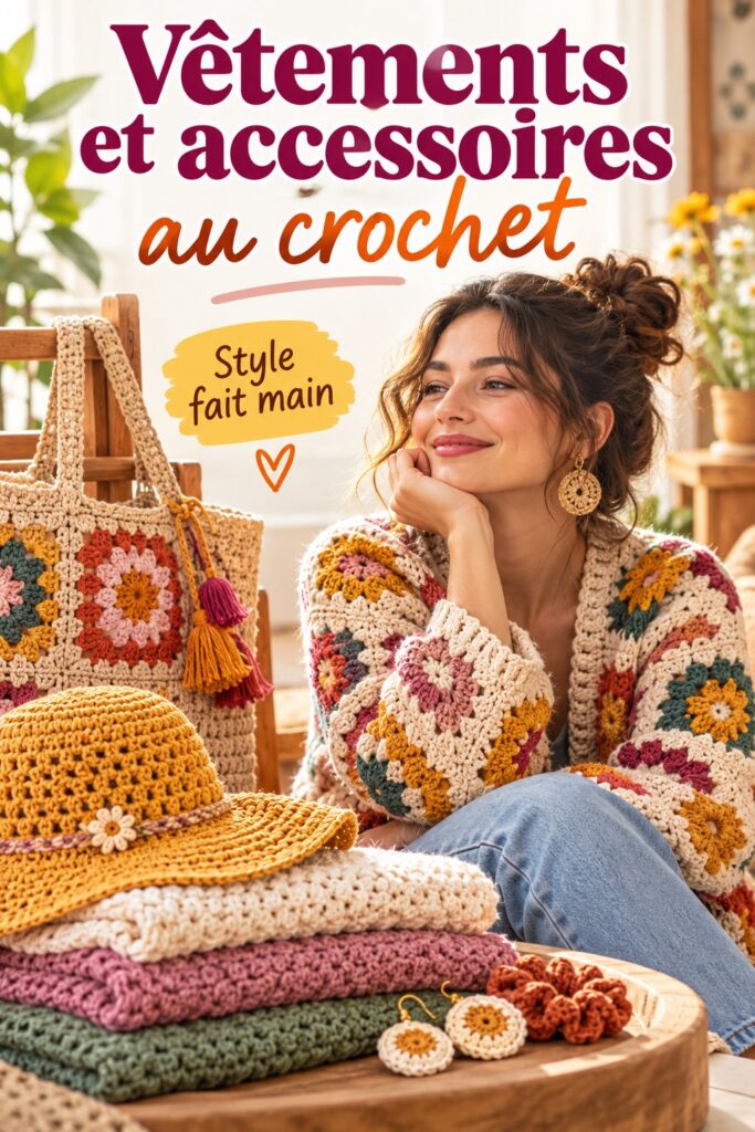 Image d'une collection de vêtements et accessoires au crochet, mettant en avant des créations colorées et uniques.